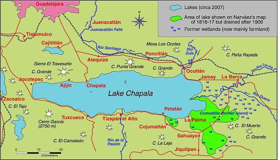 Lake Chapala, showing area drained at start of 20th century. Map: Tony Burton. All rights reserved.