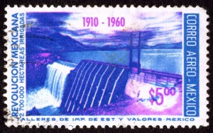 Postage stamp depicting dam and reservoir