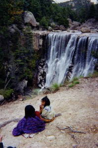 Tarahumar woman and child, by waterfall in the Copper Canyon