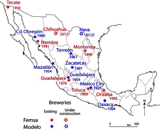 The location of Femsa and Modelo breweries in Mexico