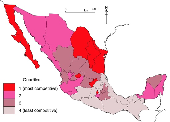Map of competitiveness in Mexico, 2008