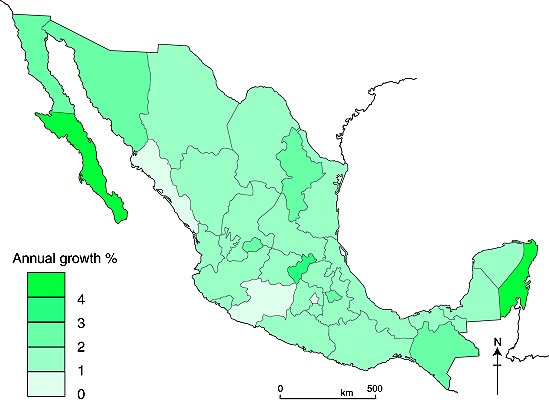 Annual % population change in Mexico, 2000-2010