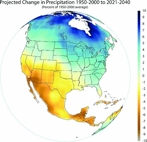 Precipitation change in Mexico, 1950-2000 and 2021-2040