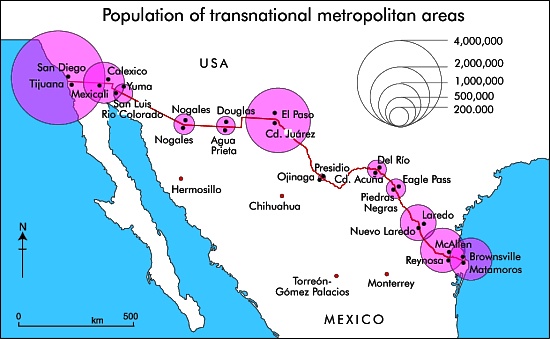 Population of Mexico-USA Transnational Metropolitan Areas.