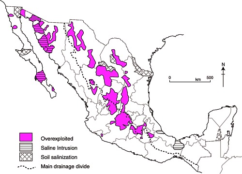Map of overexploited aquifers and areas of salinization