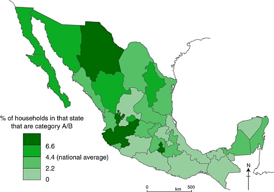 Distribution of highest socio-economic status households in Mexico.
