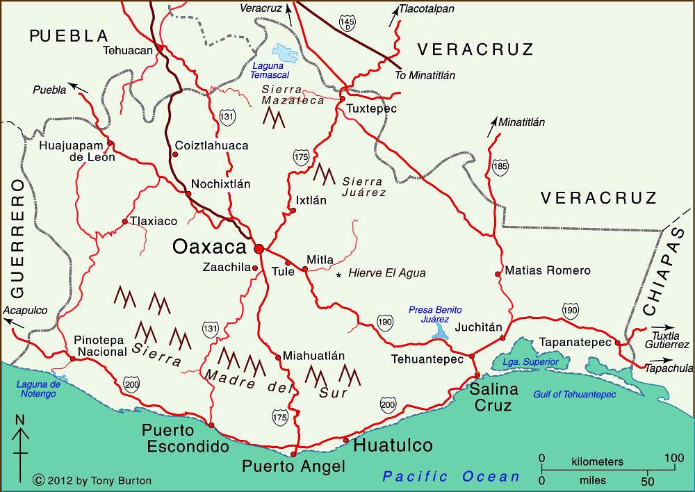 Map of Oaxaca state, Mexico. Copyright Tony Burton;