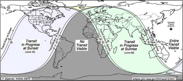 Map showing areas where transit of Venus is visible