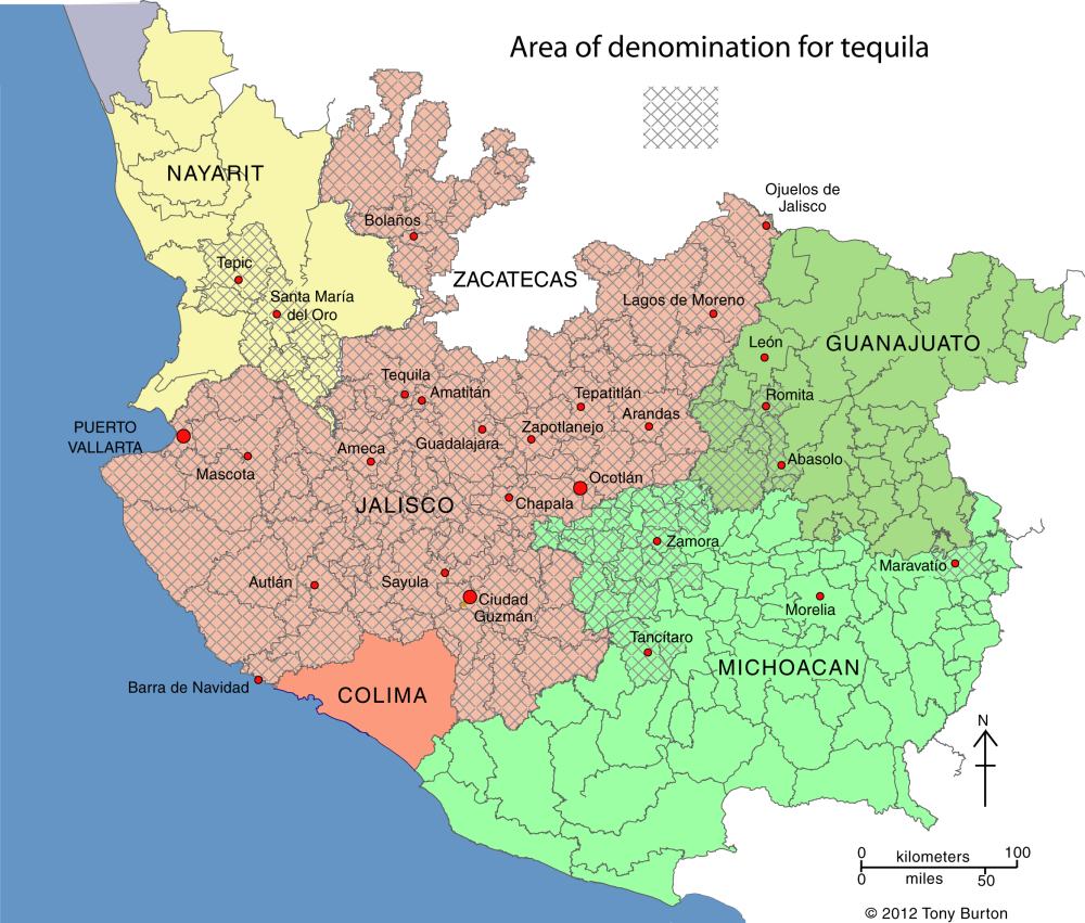 Tequila producing areas of Jalisco and neighboring states. 