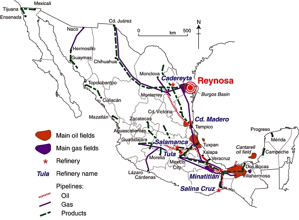Pemex installations in Mexico. (Adapted from Fig 15.5 of Geo-Mexico). All rights reserved.