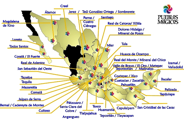 Map of Mexico's 57 Magic Towns (September 2012). Credit: Sectur