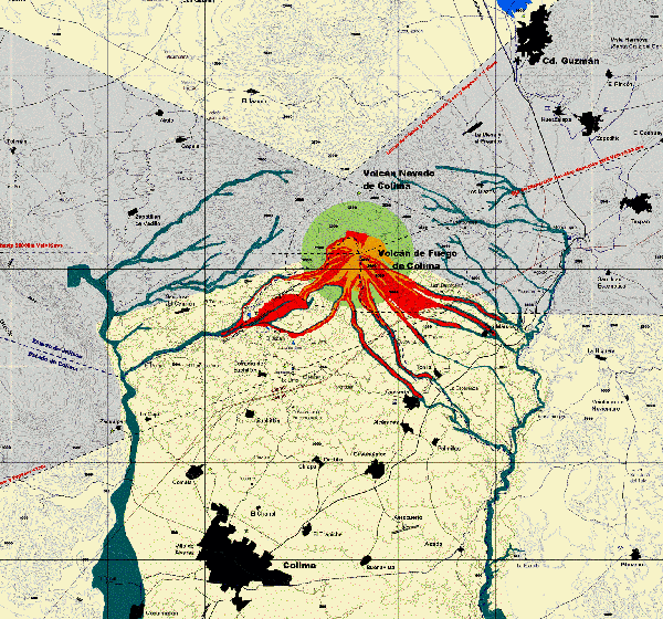 Hazard Map of Colima Volcano (2003) Credit: Universidad de Colima, Observatorio Vulcanológico