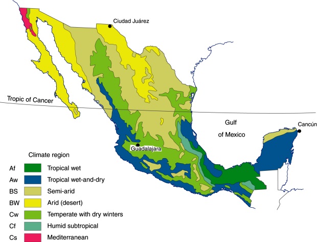 Major climate regions in Mexico. (Fig 4-5 of Geo-Mexico, the geography and dynamics of modern Mexico). All rights reserved.