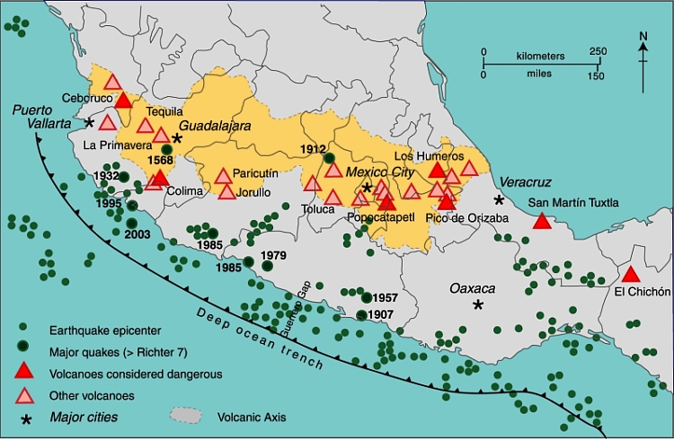 Mexico's Volcanic Axis (Fig 2.2 of Geo-Mexico, the geography and dynamics of modern Mexico. All rights reserved.