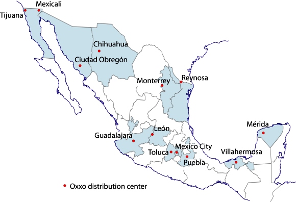Cities with Oxxo Distribution Centers. Credit: Tony Burton/Geo-Mexico