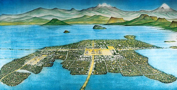 Artist's view of the Aztec capital Tenochititlan in the Valley of Mexico