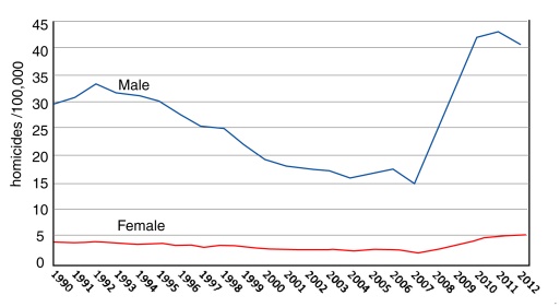 Trends in homicide rate, 1990-2012 (Data: INEGI)