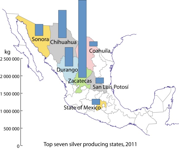 Silver production in Mexico, 2011. Data: INEGI. Credit: Tony Burton/Geo-Mexico