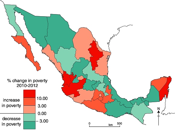 Change in poverty rates in Mexico, 2010-2012.