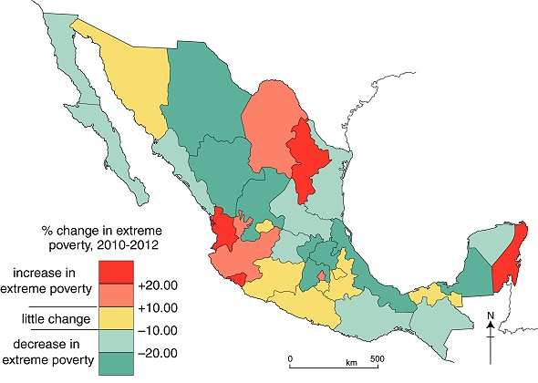 Changes in levels of extreme poverty in Mexico, 2010-2012.