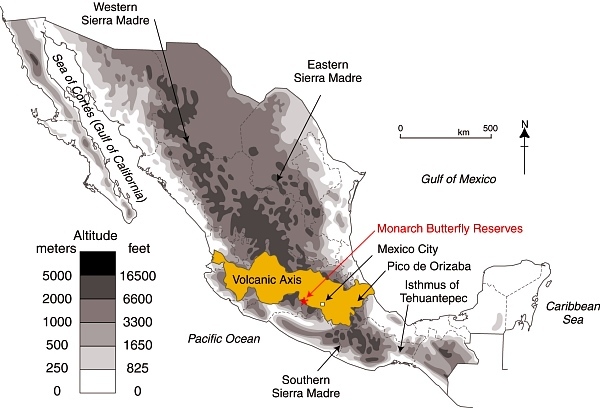 Location of Volcanic Axis and Monarch Butterfly reserves