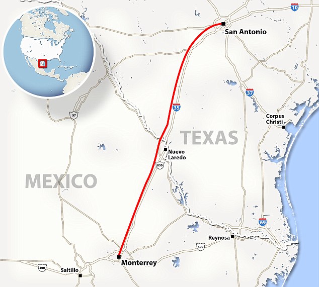 Route of proposed high speed train from Monterrey to San Antonio. Credit: Daily Mail.