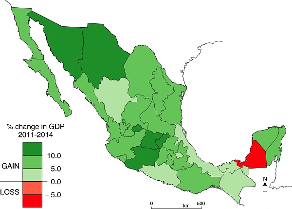 Change in GDP by state, 2011-2014. Data: INEGI. Credit: Geo-Mexico