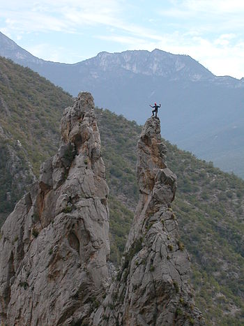 "The Spires" in El Potrero Chico climbing area (Wikipedia photo)