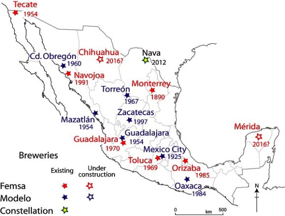 The location and inauguration dates of Femsa and Modelo breweries in Mexico