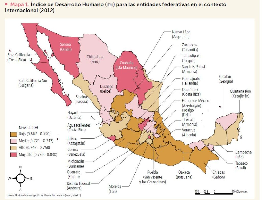 HDI in Mexico, with comparison countries for each state