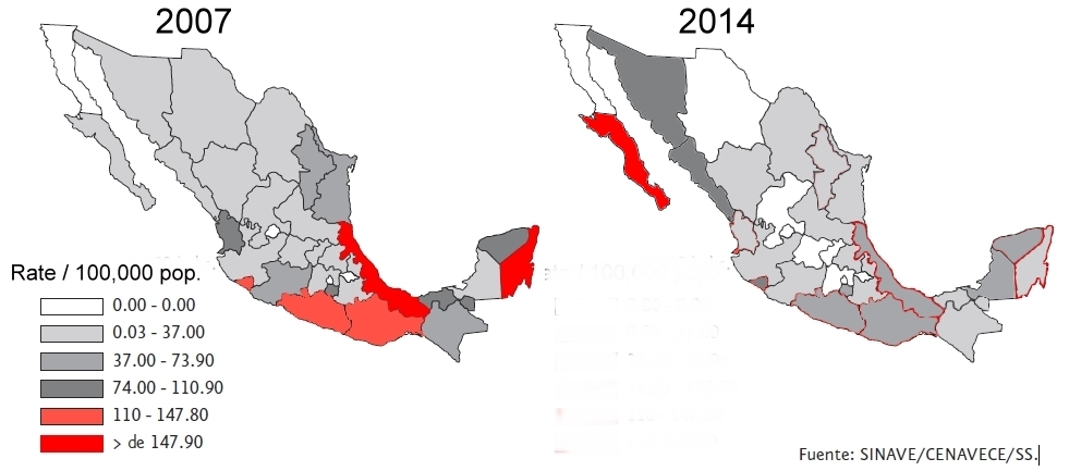 Rates of dengue by state, 2007 and 2014
