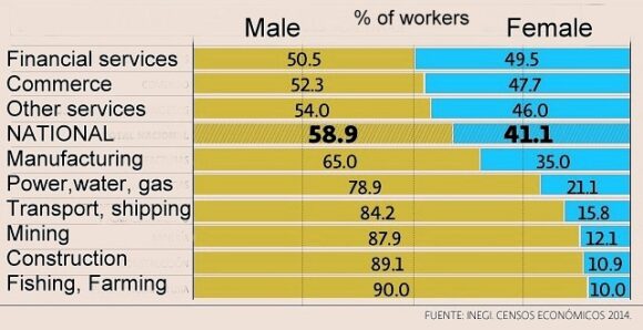% of women in different sectors of the workforce
