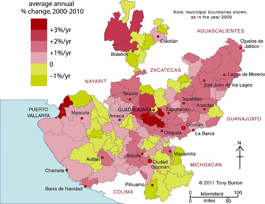 Map of population change in Jalisco