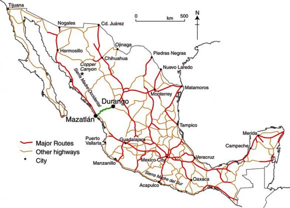 Mexico's major highways (Fig 17-3 of Geo-Mexico, the geography and dynamics of modern Mexico).