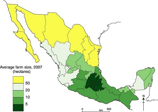 Map of average farm size in Mexico, by state, 2007